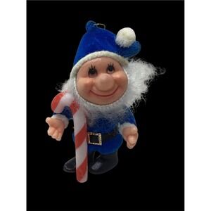 Japan Vtg Blue Elf Flocked Ornament Beard Candy Cane Gnome Dwarf